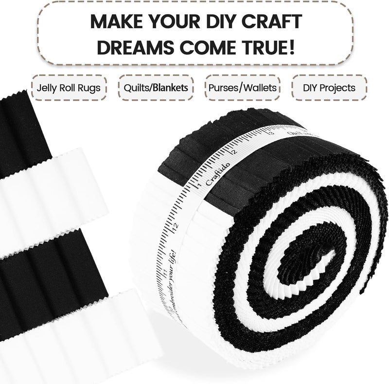 craftido -18 Options-100% Cotton Jelly Roll Fabric Precut Strips for Quilting, Crafting, and Sewing, 40 Strips 2.5" x 44" Assorted Bundles for Rugs, Quilts, DIY Crafts and Home Decor-20 White+20 Black - Image 4